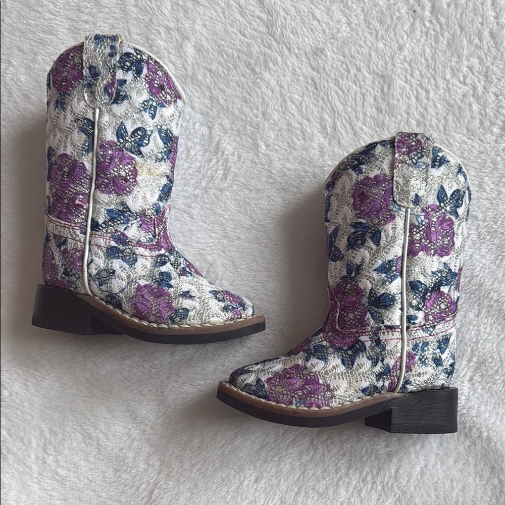 Old West Kids Boots with Purple Floral Design